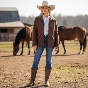 Vintage Faux Suede Shearling Western Ranch Coat L Brown